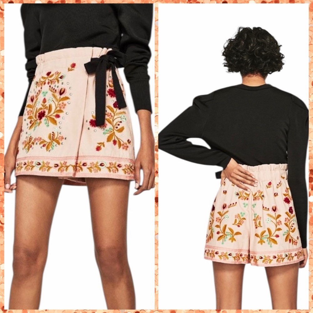 NWOT Zara Pink Embroidered Floral Skort with Black Waist Tie